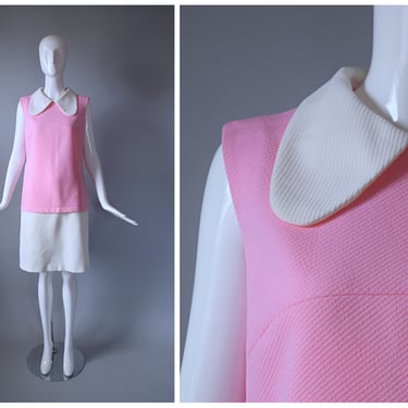 Vintage 1960s Pink and White Colorblock Textured Sleeveless Peter Pan Collar Sleeveless Shift Dress 