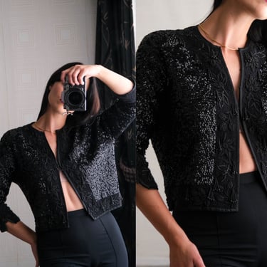 Vintage 60s Ranee's Clothiers Black Wool Cropped Sequined & Beaded Evening Jacket | Made in USA | Silk Lined | 1960s Cocktail Dinner Jacket 