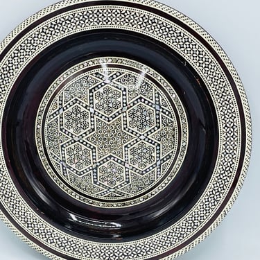 Vintage Pearl Abalone Inlay Khatam Mosaic Wooden Bowl 10” Diameter 