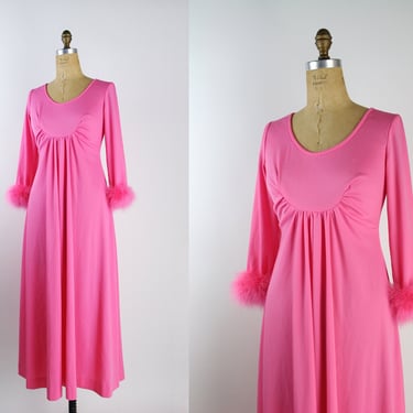 70s Pink Feathers Dress / Pink Satin / Wedding Guest / Bridemaids / 1950s Dress / Party Dress / Prom/ Size S/M 