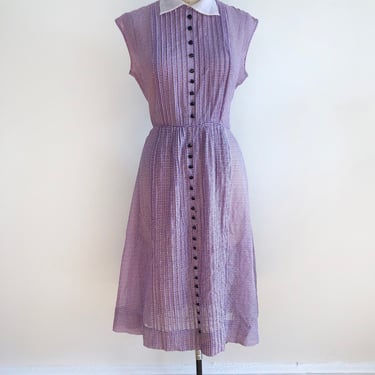 Purple and White Textured Nylon Dress with Contrast Collar - 1940s 