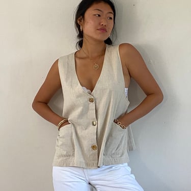 80s linen vest / vintage natural oatmeal woven linen button front vest waistcoat sleeveless blouse | L 