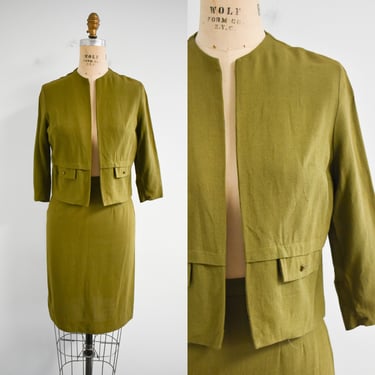 1960s Olive Green Linen Skirt Suit 