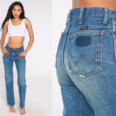 Wrangler Jeans 80s Western Jeans Distressed Bootcut Straight Leg Hippie Boho Denim Pants Blue High Waist Jeans 1980s Vintage Extra Small xs 