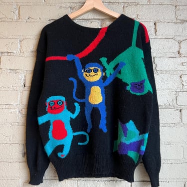 Medium, Vintage 1980s Monkey Sweater, Black, Cute 