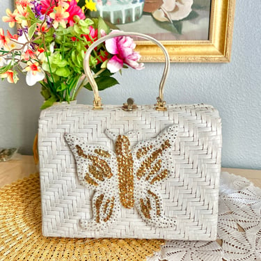 Vintage Basket Purse, Beaded Butterfly, Pearly Metal Handles, Pin Up Style Handbag, Footed Base 