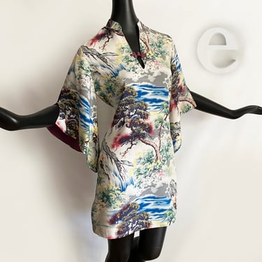 Vintage Pake Muu Mini Dress | Asian Chinese Angel Sleeve | 70s does 40s / 50s | Rockabilly Hippie Boho Hawaiian Tiki Oasis | Size Medium 