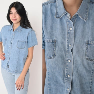 Lee Denim Blouse 90s Blue Jean Pearl Snap Shirt Button up Top Short Sleeve Chest Pocket Retro Casual Summer Cotton Vintage 1990s Large L 
