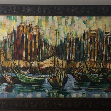 Large Original City Harbor Impressionist Abstract Painting 