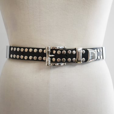 1980s/90s Black Leather and Silver Metal Mesh Studded Belt 