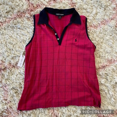 Vintage 90s Bright Pink Grid Sleeveless Polo Small 