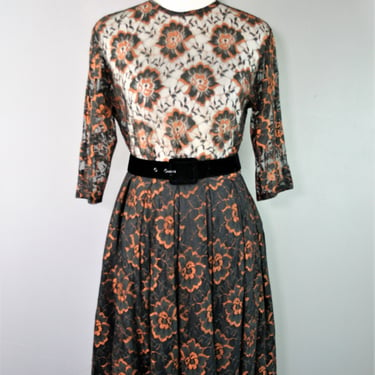 Romance Language - 2 Piece - Black / Copper Lace - Sheer Lace Top - and lined  Skirt - by Mac Lee Designs -  Estimated size S 