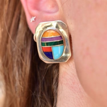 Colorful 'M' Sterling Silver Multi-Stone Inlay Block Earrings, Silver Shield Studs, Bohemian Southwestern Jewelry, 24mm 