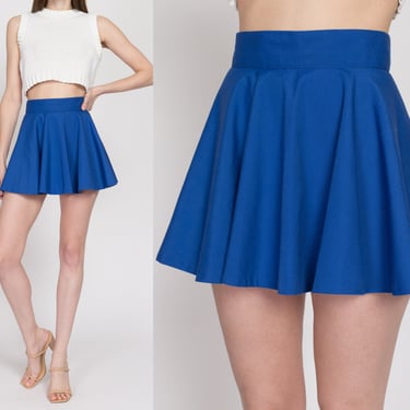 XS 70s Blue Cheerleader Mini Circle Skirt 25.5" | Vintage Pleated High Waist Uniform Micro Miniskirt 