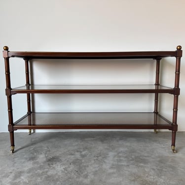 Vintage Hollywood Regency Faux Bamboo & Caning Three-Tier Console on Brass Casters 