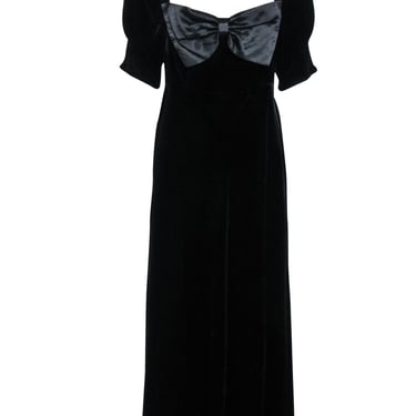 RIXO - Black Silk-Velvet Floor Length Dress w/ Satin Bow Sz 12