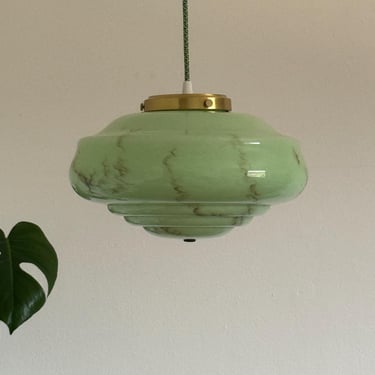 Antique Art Deco Mint Green Marbled Glass Pendant Lamp / Mid Century Modern Ceiling Light / Hanging Lamp / Made in Germany / 1940s 
