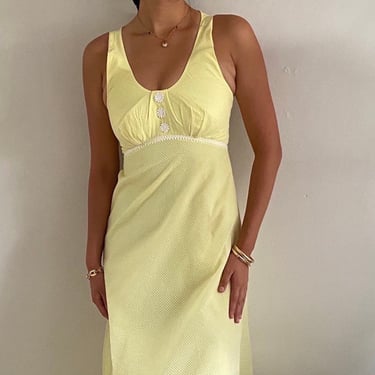 70s halter maxi dress / vintage daisy yellow organza Swiss dot cocktail wedding guest maxi backless halter dress | XS size 2 