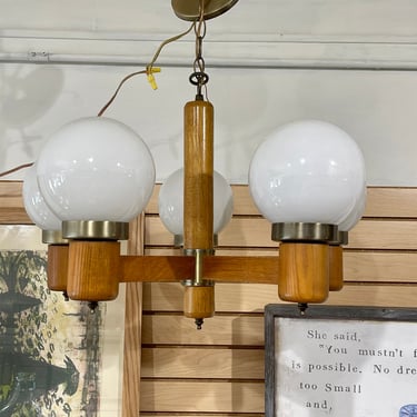 Mid Century 5 Arm Hanging Light with Globes Wood and Brass Pendant Light Hanging Light MCM Nordic Frosted Glass Globes Hardwired 