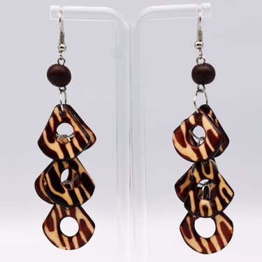 Mod 70's brown zebra stripe shoulder dusters, funky plastic triangles & seeds go go earrings 