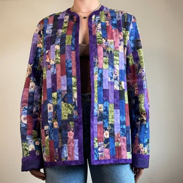 Vintage Womens Oversized Handmade Purple Quilted Jacket Cardigan Boho Prairie L 