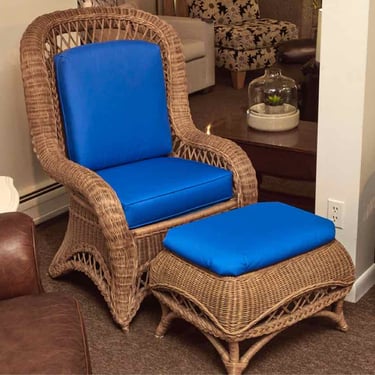 Natural High Back Wicker Chair Custom Upholstered Cushion Includes Ottoman