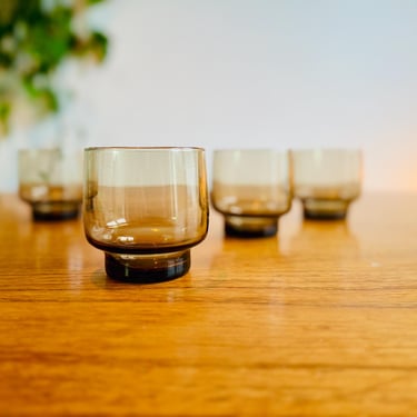 Set of Four Vintage Arcoroc Smoked Glass Medium Water Tumblers, 1970s French Luminarc Glassware 