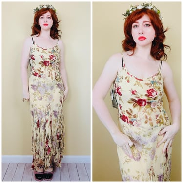 1990s Vintage Majick Deadstock Y2K Rayon Floral Dress / 90s Romantic BIas Cut Beaded Rose Maxi Dress / Medium 