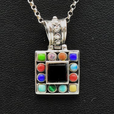 80s sterling multi-stone square hinged pendant, colorful SE 925 silver onyx center hippie necklace 