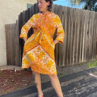 60s orange pink floral quilted dress/robe by Evelyn Pearson 