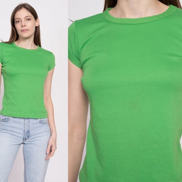 70s Kelly Green Fitted Tee - Extra Small | Vintage Plain Scoop Neck T Shirt 