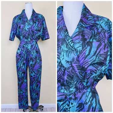 1980s Vintage Joan Walters Blue and Purple Animal Print Jumpsuit / 80s / Windbreaker Colorful Leaf Print Wrap Boiler Suit / Medium 