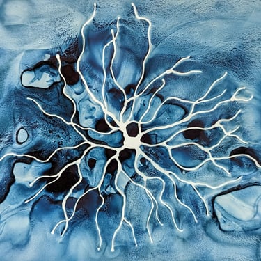 Indigo Retinal Neuron - original ink painting of ganglia- neuroscience art 
