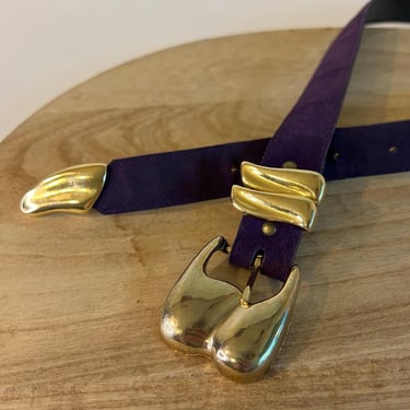Vintage 90s Axcess Purple Genuine Leather Chunky Gold Buckle Belt Size Medium 