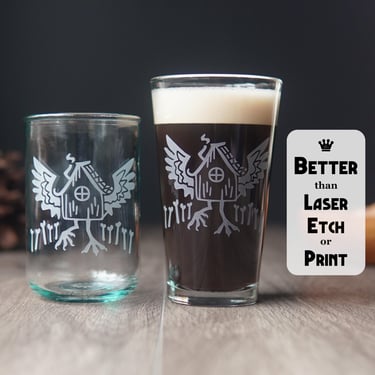 Baba Yaga Pint Glass - engraved dishwasher safe barware or recycled glassware 