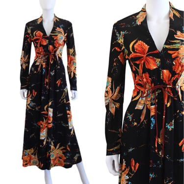 STUNNING 1970s Black Jersey Dress with Vibrant Orange Flowers - 70s Jersey Dress - 70s Hostess Dress - 70s Orange Flower Dress | Size Small 