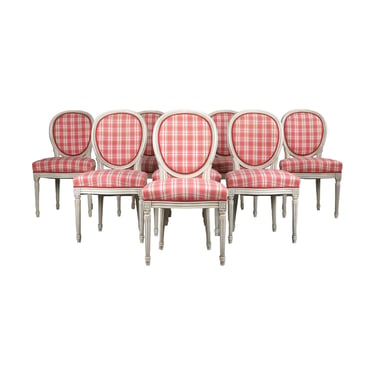 French Louis XVI Style Painted Dining Chairs W/ Pink Plaid Fabric - Set of 8 