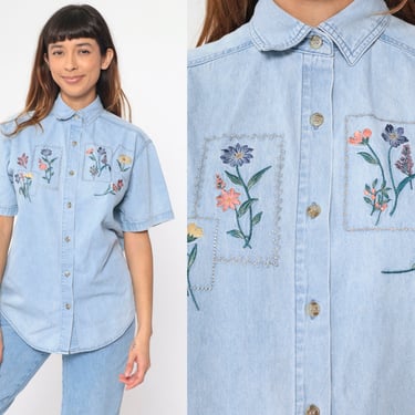 Embroidered Denim Shirt 90s Floral Top Blue Jean Button Up Blouse Short Sleeve Retro Hippie Garden Flower Print 1990s Vintage Large L 