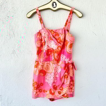 Vintage 50s 60s Hawaiian Psychedelic Swimsuit Romper 1950s 1960s Hawaii Pink Floral Playsuit One Piece Swimwear 