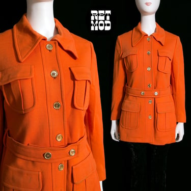 Fantastic Vintage 60s 70s Pumpkin Orange Collared Safari Style Knit Jacket 