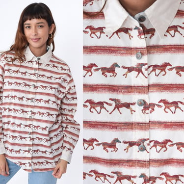 Wild Horse Shirt 90s Button Up Blouse Cowboy Shirt Rodeo Shirt Vintage 1990s Long Sleeve Off-White Orange Striped Large 