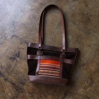 Vintage South American Tapestry Purse With Dark Brown Leather / Vintage Bohemian Handbag 