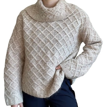 Vintage Womens Anne Klein Mohair Wool Blend Chunky Cowl Beige Sweater Sz L 
