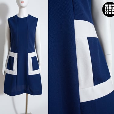 Space Age Mod Vintage 60s 70s Navy Blue Sleeveless Dress with White Geometric Square Pattern 