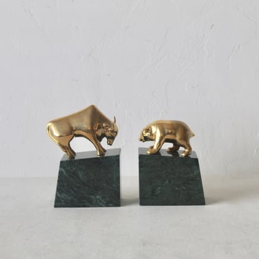 Art Deco Brass & Marble Bull and Bear Bookends-a pair 