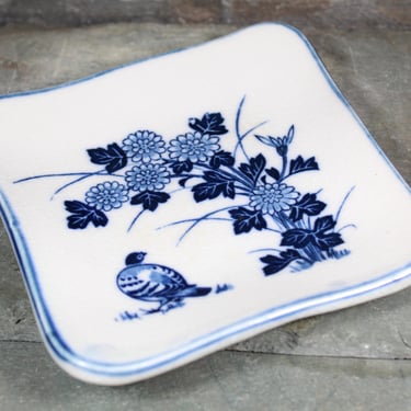 Vintage Ceramic Trinket Dish | Chrysanthemums and Pheasant Blue and White Pottery | Artistic Crazing 