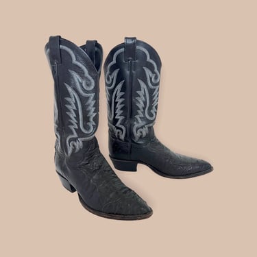 Vintage JUSTIN Black Ostrich Cowboy Boots ~ size 9 1/2 D ~ Western ~ Rockabilly ~ Biker ~ Exotic / Wingtips 