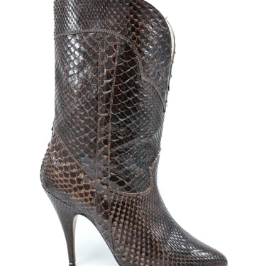 Brown Snakeskin Heeled Leather Boots, 7
