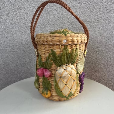 Vintage Polynesian style round straw bag lined floral design by Cabana Philippines 