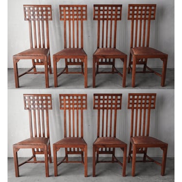 Solid Wood and Italian Leather Dining Chairs - Set of 8 Frank Lloyd Wright Style 
